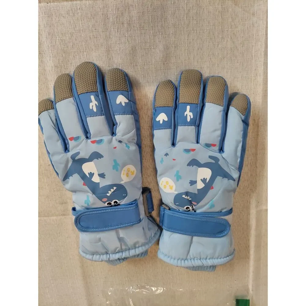 Kids Boys Girls Winter Snow Gloves Blue Cartoon Dinosaur Print New